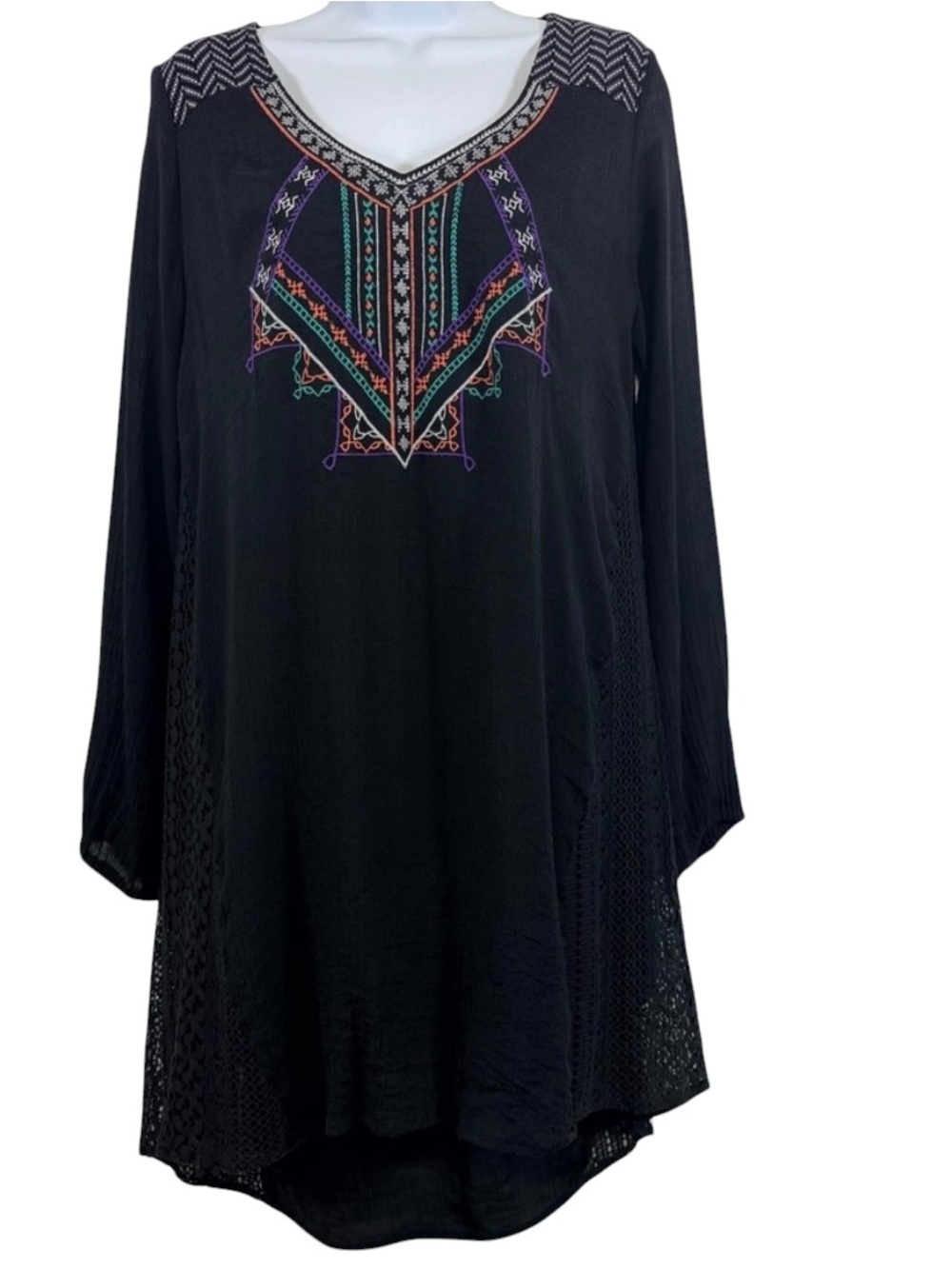 Flying Tomato Black Embroidered Boho Gypsy Festival Tunic Hippie Dress Lace